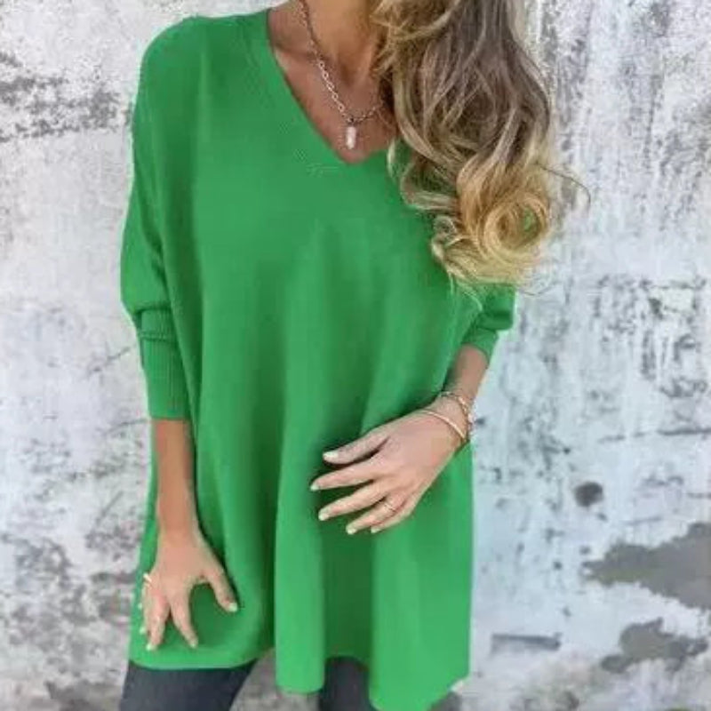 JESSI - Pull Long Femme à Manches Longues Tricoté Col V Coupe Ample