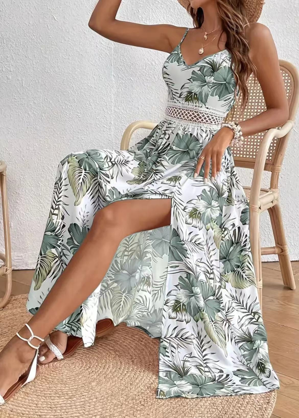 MANON – Robe longue fendue femme imprimée Décolleté en V bretelles fines & détails en dentelle couture