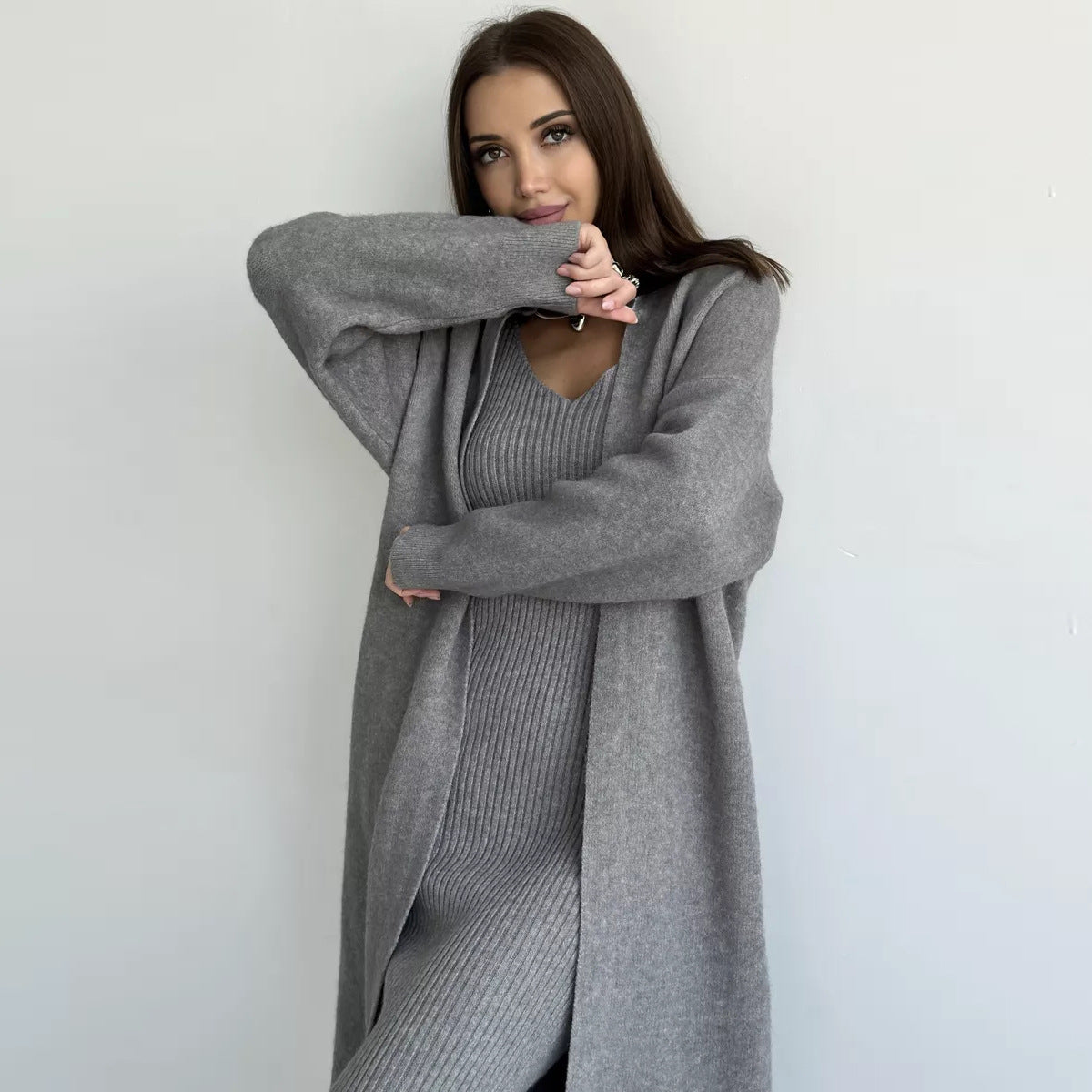 Ensemble Tricoté 2 Pièces Robe Longue Slim et Cardigan Ample Femme Printemps/Automne