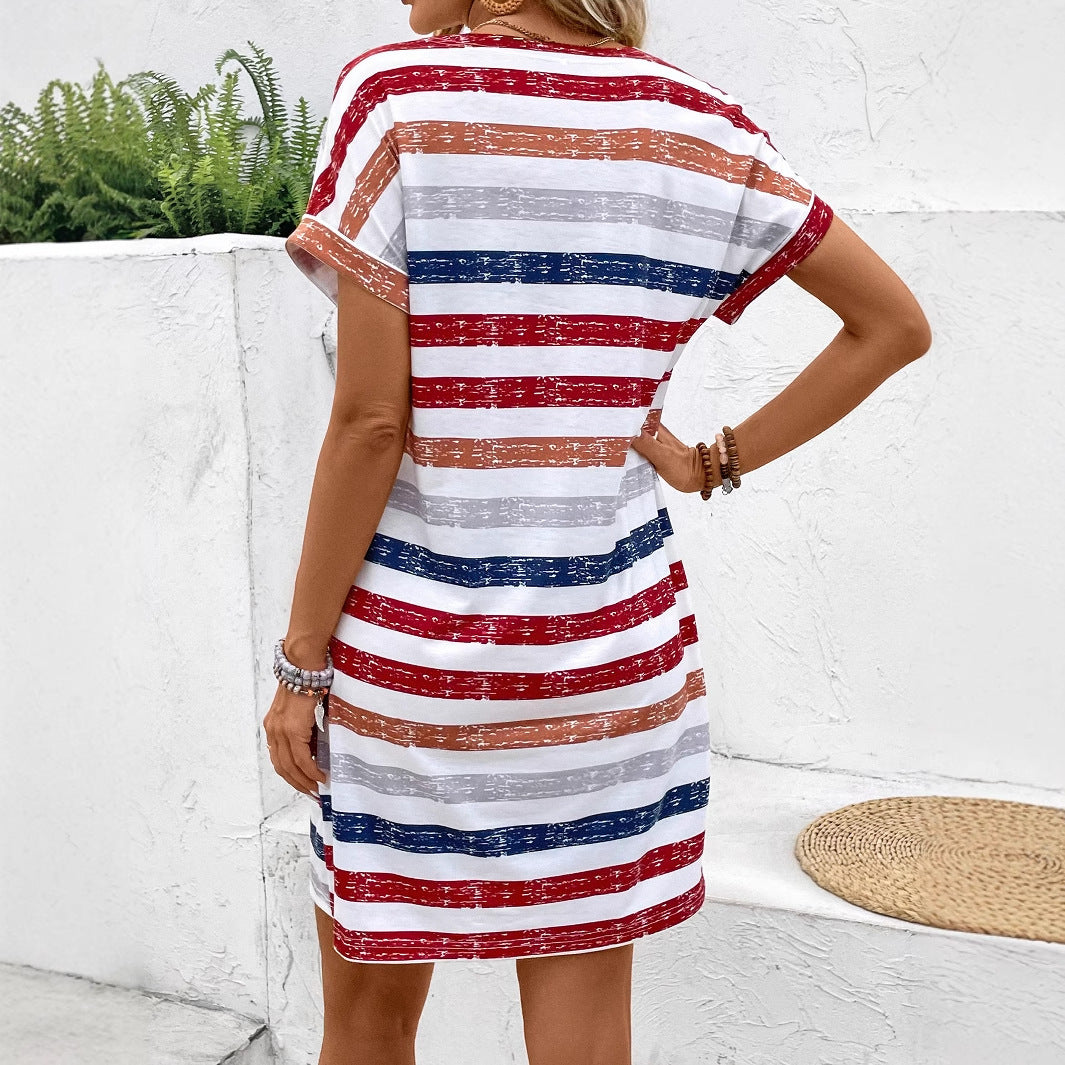 ÉLODIE – Robe d'été à rayures multicolores pour femme avec boutons et col en V  Style décontracté chic