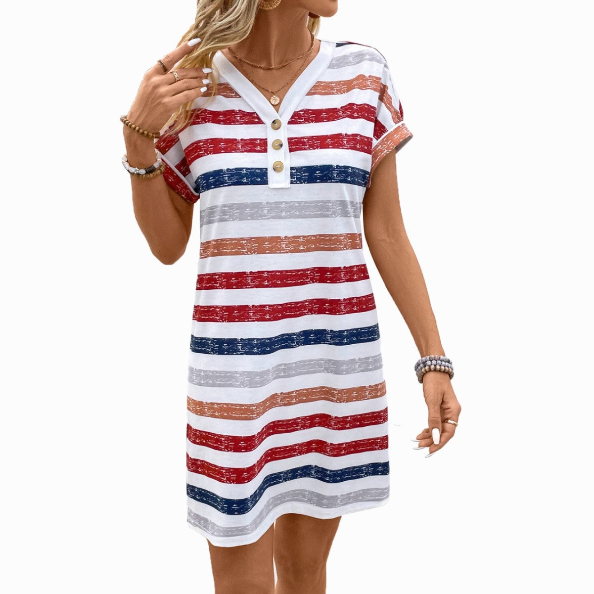 ÉLODIE – Robe d'été à rayures multicolores pour femme avec boutons et col en V  Style décontracté chic
