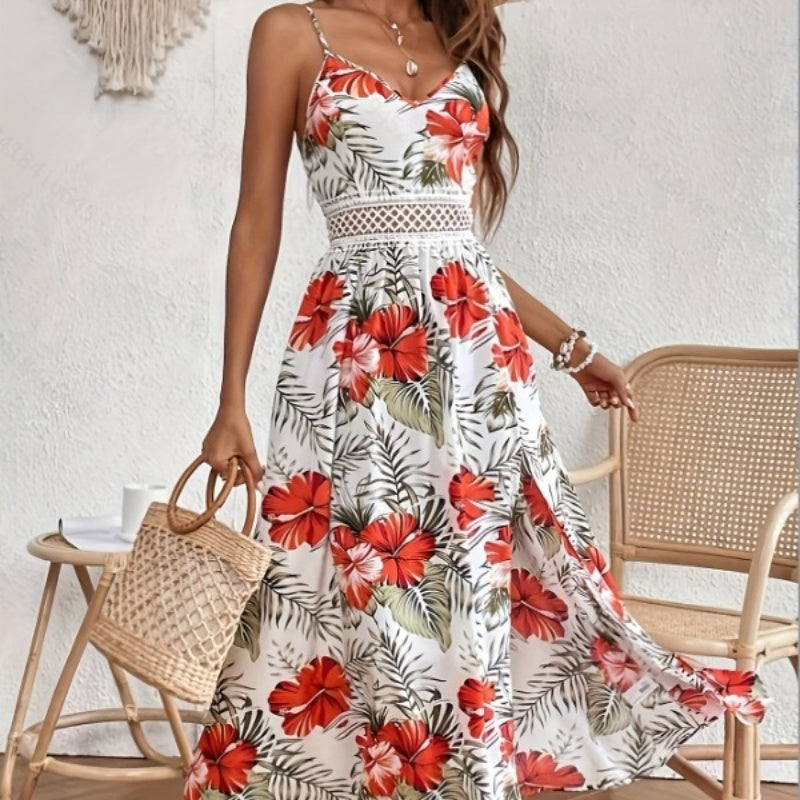MANON – Robe longue fendue femme imprimée Décolleté en V bretelles fines & détails en dentelle couture