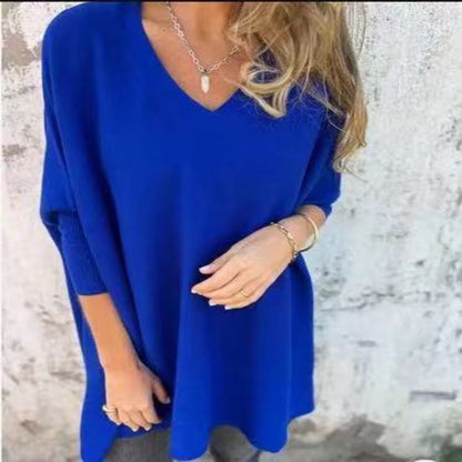 JESSI - Pull Long Femme à Manches Longues Tricoté Col V Coupe Ample