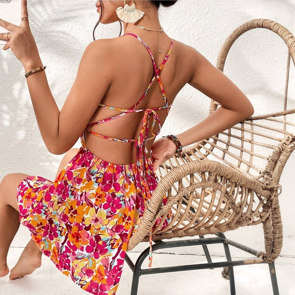 ISALINE – Robe d'été à imprimé fleuri pour femme avec dos lacé et coupe courte de plage