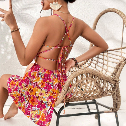 ISALINE – Robe d'été à imprimé fleuri pour femme avec dos lacé et coupe courte de plage