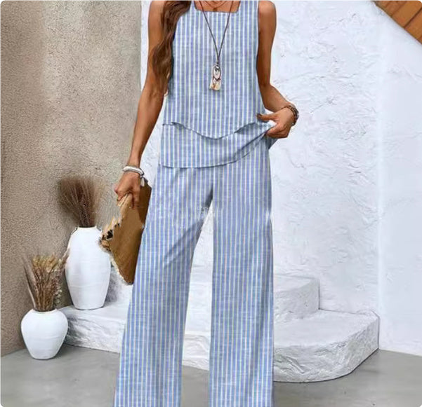 CÉLIA – Ensemble sans manches femme imprimé | Gilet fluide à double couche & pantalon droit