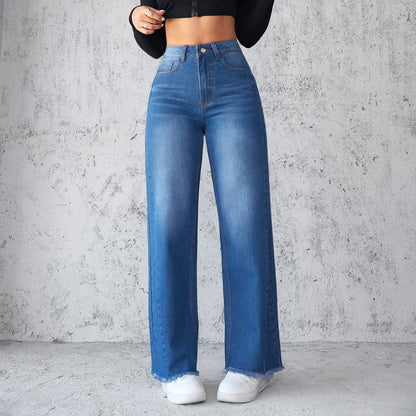 Jean taille haute femme – Coupe large et confortable avec poches