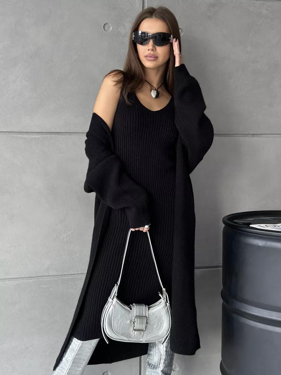 Ensemble Tricoté 2 Pièces Robe Longue Slim et Cardigan Ample Femme Printemps/Automne