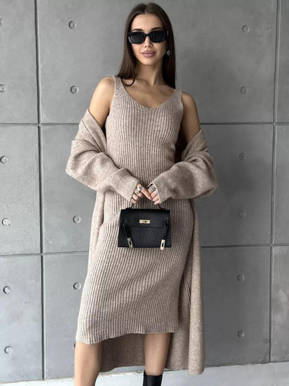 Ensemble Tricoté 2 Pièces Robe Longue Slim et Cardigan Ample Femme Printemps/Automne