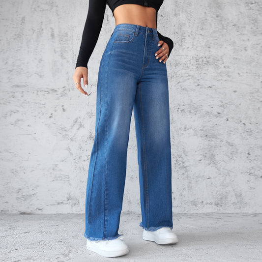 Jean taille haute femme – Coupe large et confortable avec poches