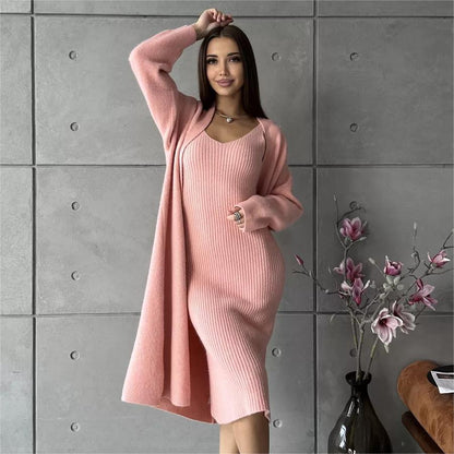 Ensemble Tricoté 2 Pièces Robe Longue Slim et Cardigan Ample Femme Printemps/Automne