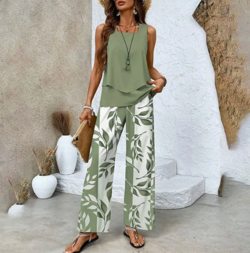 CÉLIA – Ensemble sans manches femme imprimé | Gilet fluide à double couche & pantalon droit