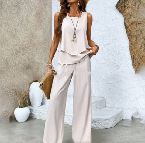 CÉLIA – Ensemble sans manches femme imprimé | Gilet fluide à double couche & pantalon droit