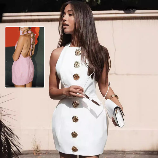 JULIETTE – Robe dos nu sans manches avec boutons roses décoratifs | Mode estivale féminine tendance