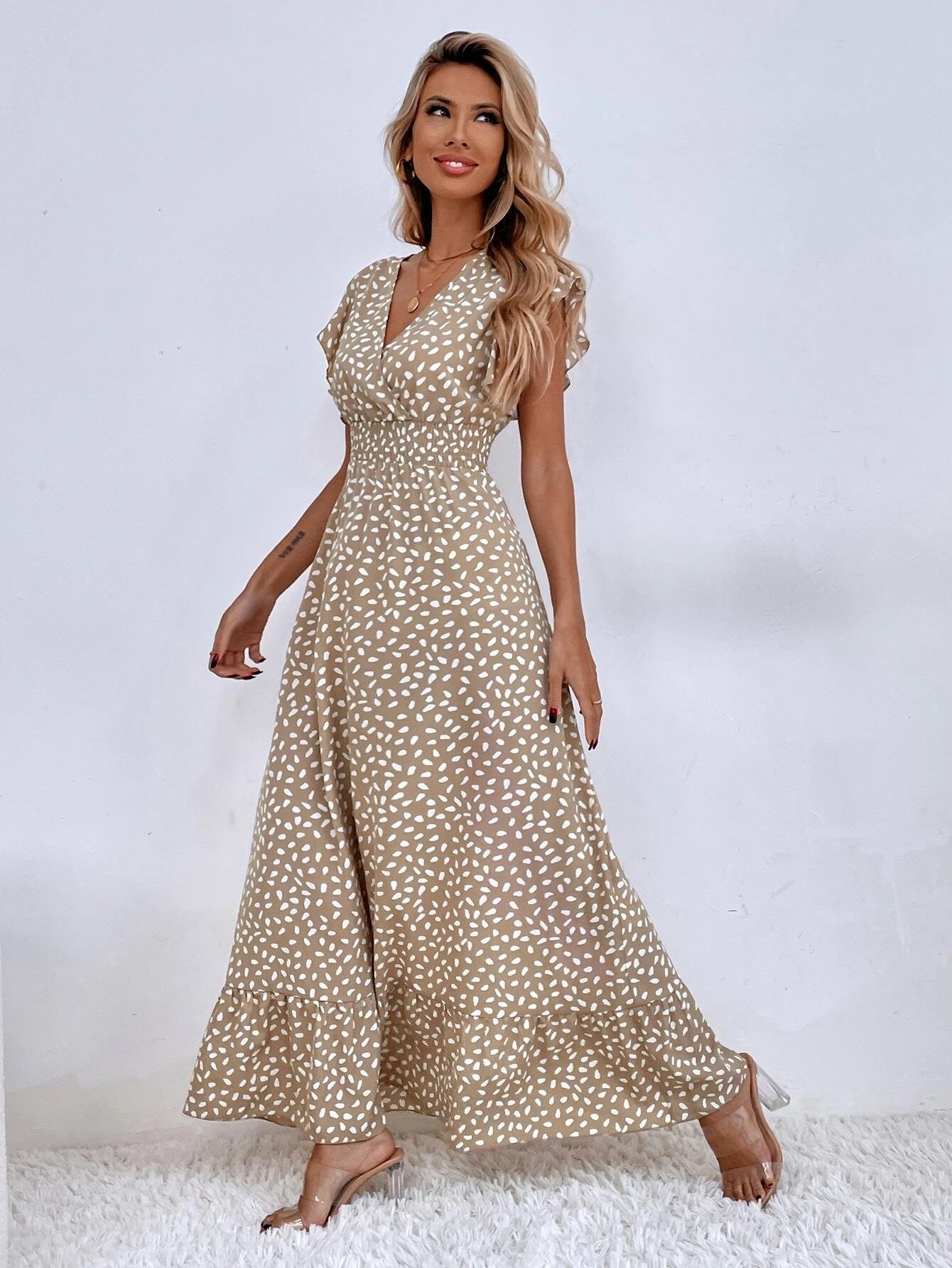 AURÉLIE – Robe longue été femme sans manches | Décolleté en V, taille haute & volants élégants