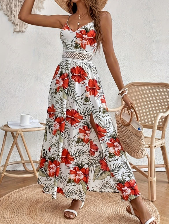 MANON – Robe longue fendue femme imprimée Décolleté en V bretelles fines & détails en dentelle couture
