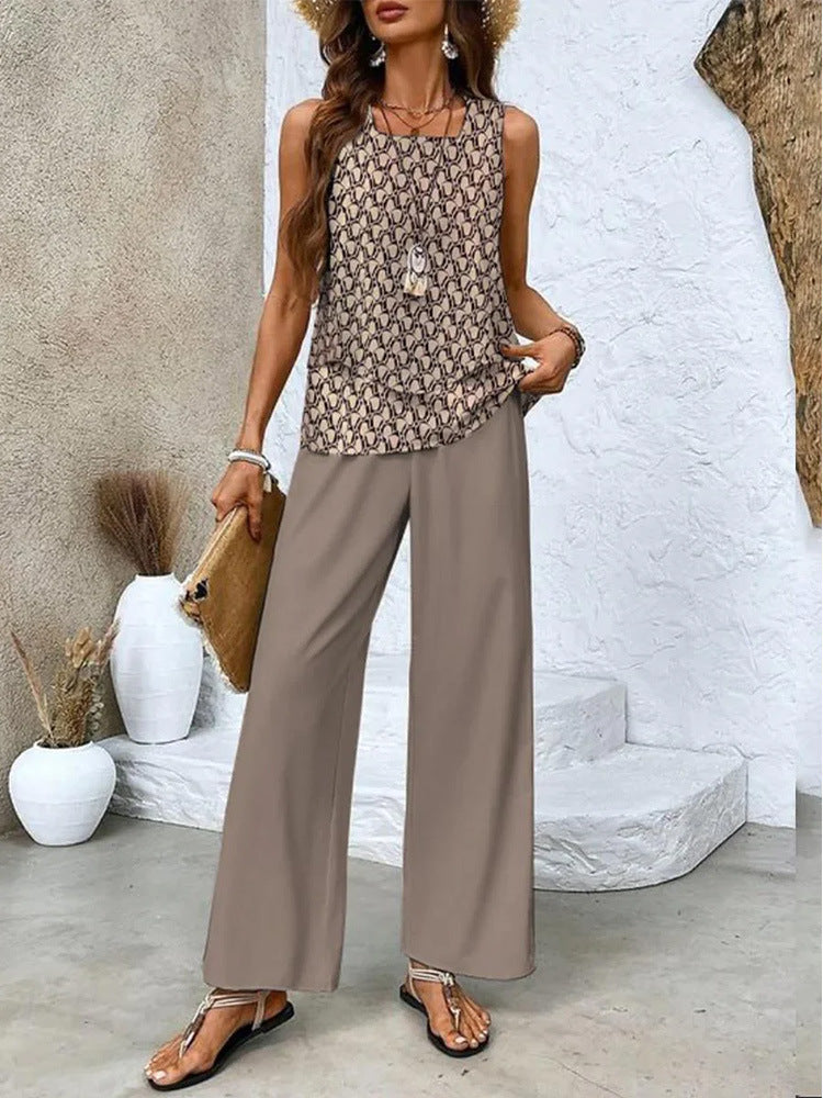 CÉLIA – Ensemble sans manches femme imprimé | Gilet fluide à double couche & pantalon droit
