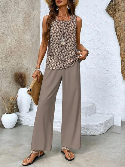 CÉLIA – Ensemble sans manches femme imprimé | Gilet fluide à double couche & pantalon droit