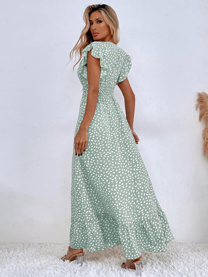 AURÉLIE – Robe longue été femme sans manches | Décolleté en V, taille haute & volants élégants