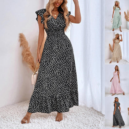 AURÉLIE – Robe longue été femme sans manches | Décolleté en V, taille haute & volants élégants