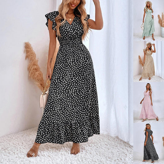 AURÉLIE – Robe longue été femme sans manches | Décolleté en V, taille haute & volants élégants