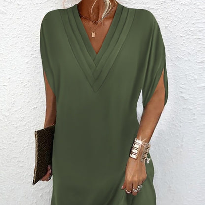 V-neck Pleated Batwing Sleeve Dress