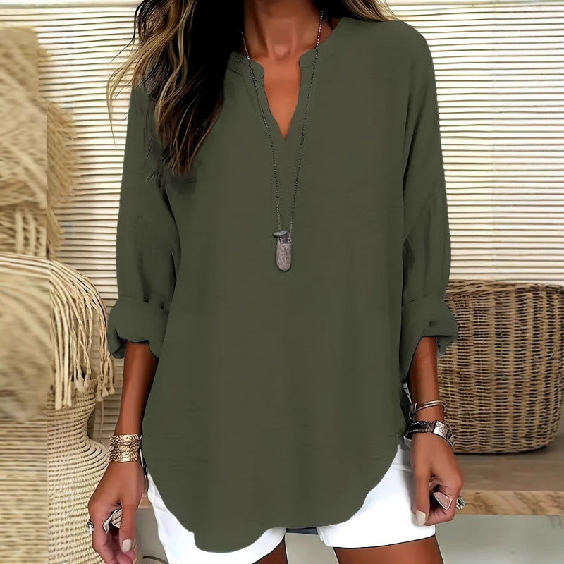 LOUISE – Chemise ample en coton et lin à col montant