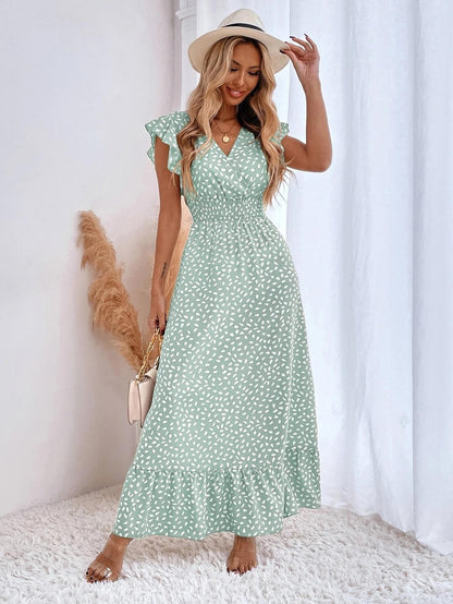 AURÉLIE – Robe longue été femme sans manches | Décolleté en V, taille haute & volants élégants