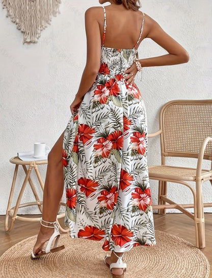 MANON – Robe longue fendue femme imprimée Décolleté en V bretelles fines & détails en dentelle couture