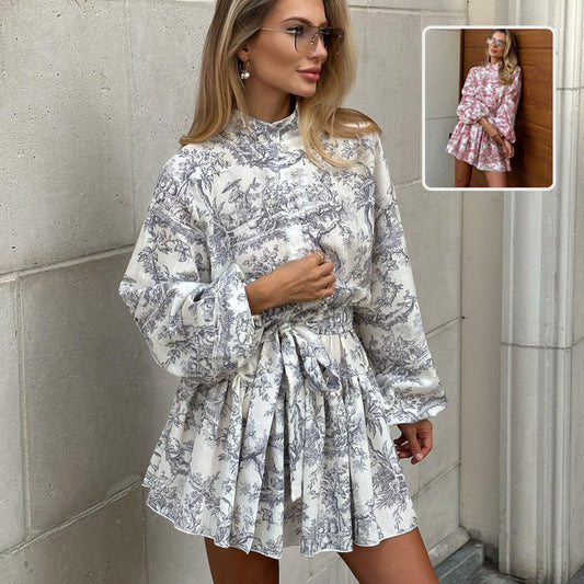 LIA -Robe Courte Imprimé avec Manches Longues et Ceinture à Noeud - Robe A-Line