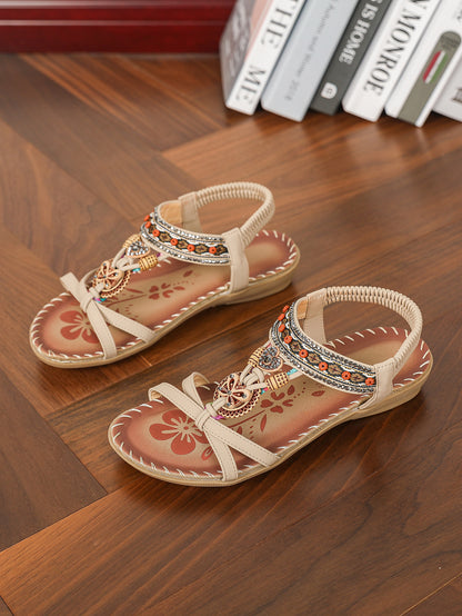 ISALINE – Sandales plates femme grande taille | Fleurs décoratives & strass élégants pour un été stylé