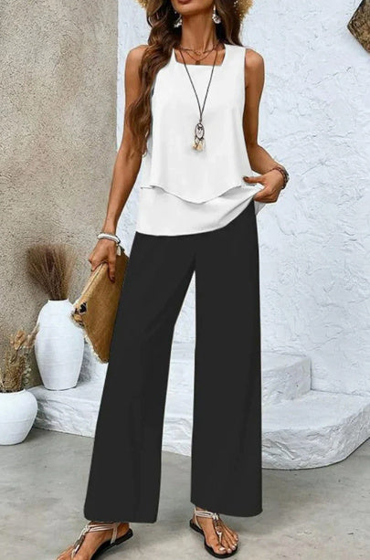 CÉLIA – Ensemble sans manches femme imprimé | Gilet fluide à double couche & pantalon droit