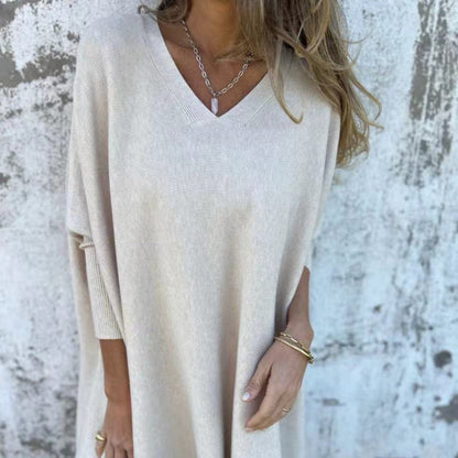 JESSI - Pull Long Femme à Manches Longues Tricoté Col V Coupe Ample