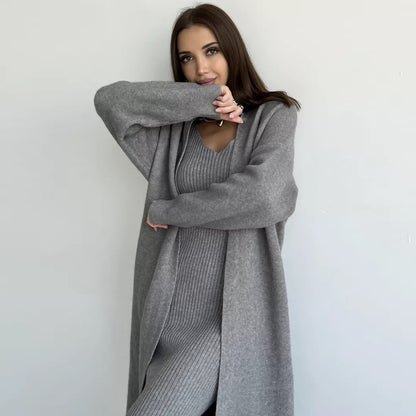 Ensemble Tricoté 2 Pièces Robe Longue Slim et Cardigan Ample Femme Printemps/Automne