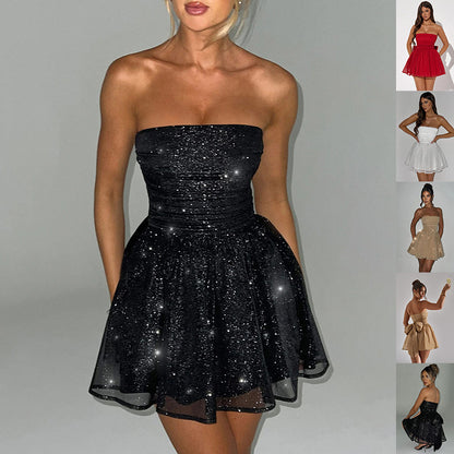 MÉLANIE – Robe bustier en dentelle avec nœud au dos et jupe courte en tulle pour l'été