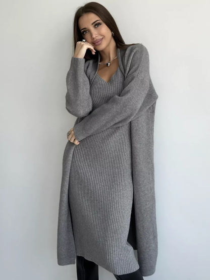 Ensemble Tricoté 2 Pièces Robe Longue Slim et Cardigan Ample Femme Printemps/Automne