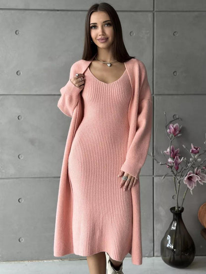 Ensemble Tricoté 2 Pièces Robe Longue Slim et Cardigan Ample Femme Printemps/Automne
