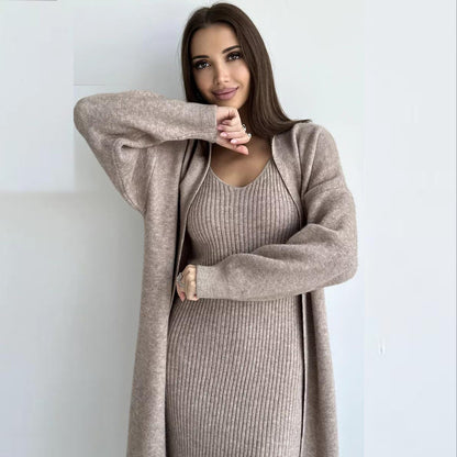 Ensemble Tricoté 2 Pièces Robe Longue Slim et Cardigan Ample Femme Printemps/Automne