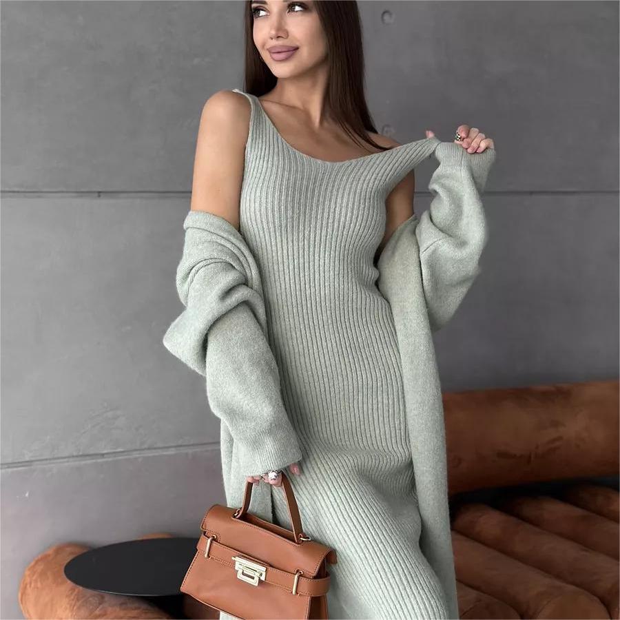 Ensemble Tricoté 2 Pièces Robe Longue Slim et Cardigan Ample Femme Printemps/Automne