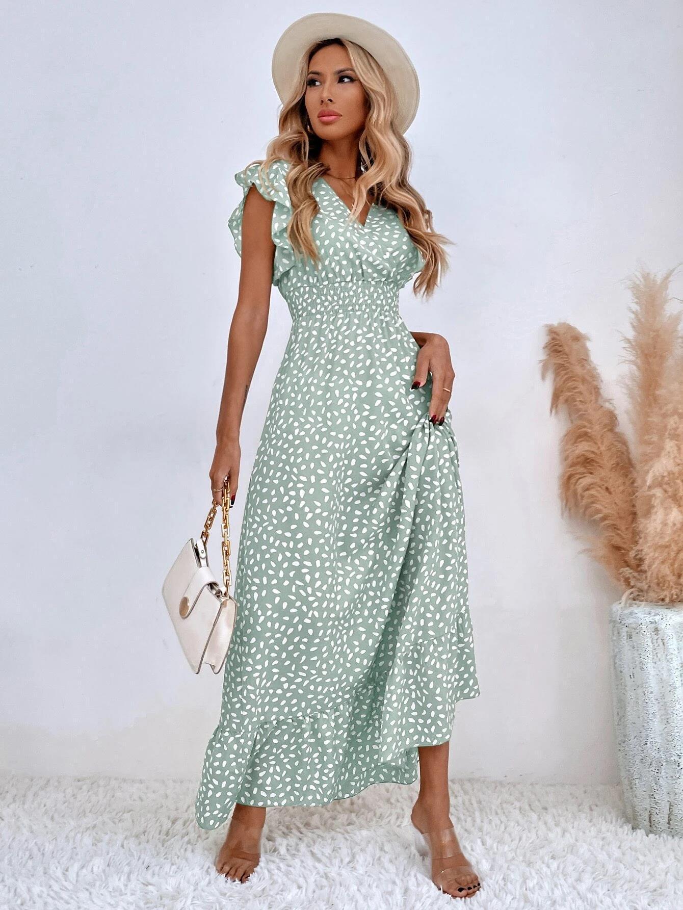 AURÉLIE – Robe longue été femme sans manches | Décolleté en V, taille haute & volants élégants