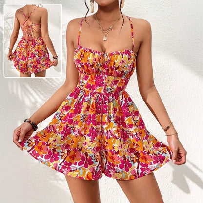 ISALINE – Robe d'été à imprimé fleuri pour femme avec dos lacé et coupe courte de plage
