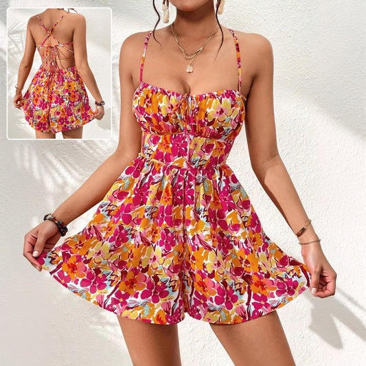 ISALINE – Robe d'été à imprimé fleuri pour femme avec dos lacé et coupe courte de plage