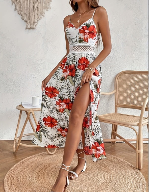 MANON – Robe longue fendue femme imprimée Décolleté en V bretelles fines & détails en dentelle couture