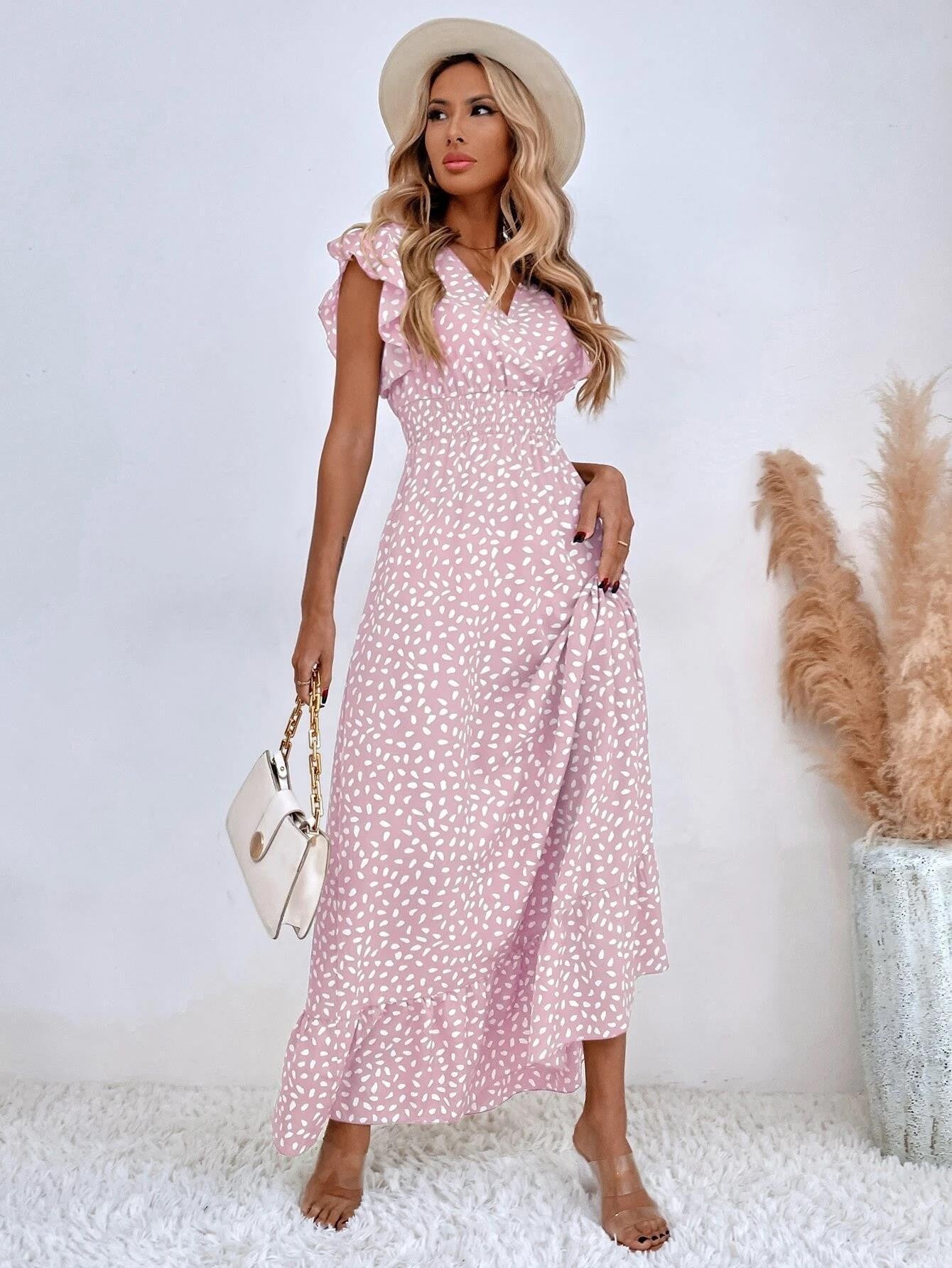 AURÉLIE – Robe longue été femme sans manches | Décolleté en V, taille haute & volants élégants